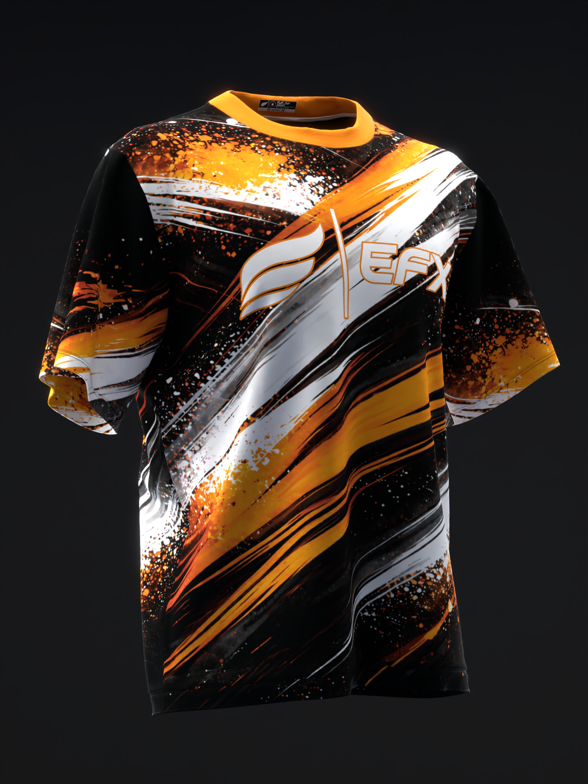Black bowling jersey with orange, yellow, and white splatter and stripe design, front view