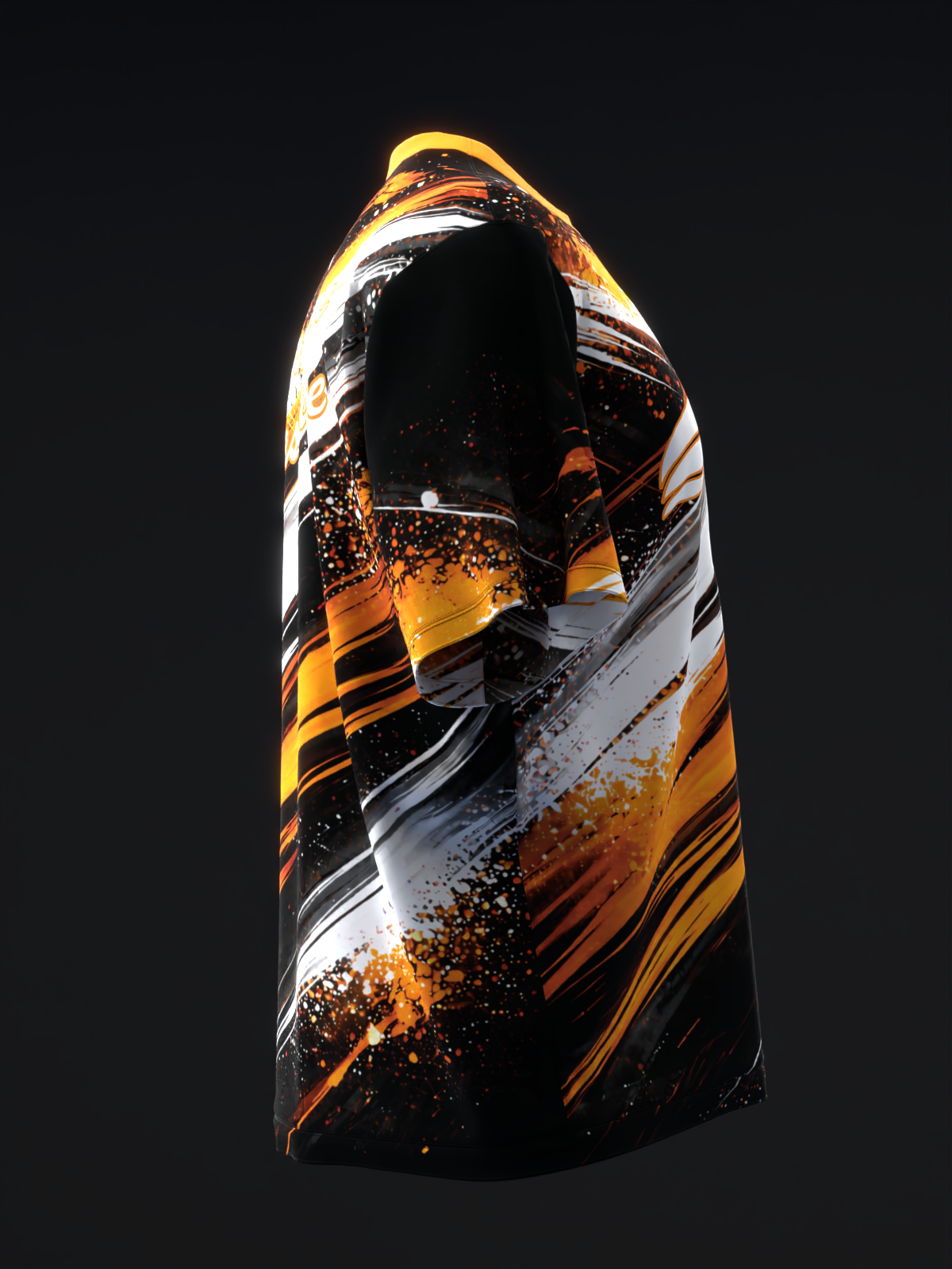 Black bowling jersey with orange, white, and yellow splatter design detail