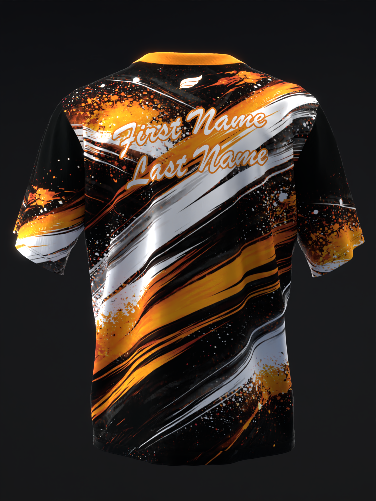 Black bowling jersey with orange and white diagonal stripes and splatter design, front view