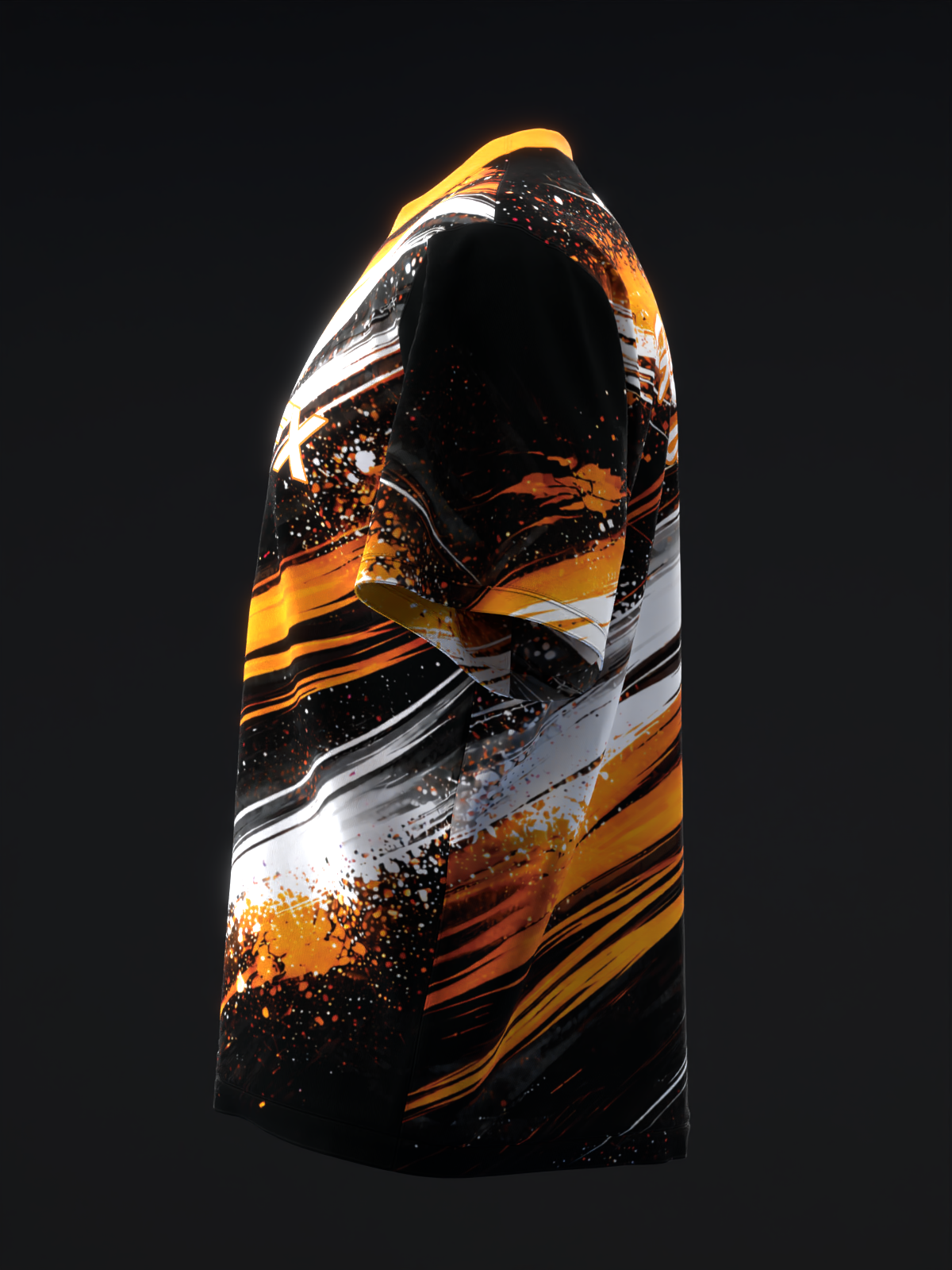 Black bowling jersey with gold, white, and orange splatter and stripe design