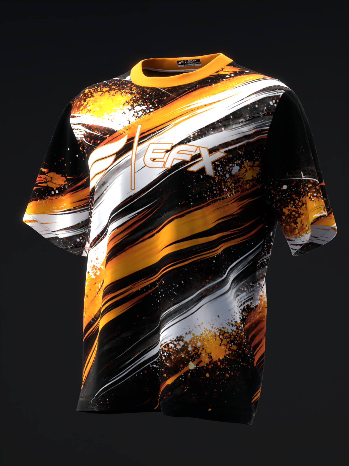 Black bowling jersey with gold, white, and orange diagonal streaks and splatter design