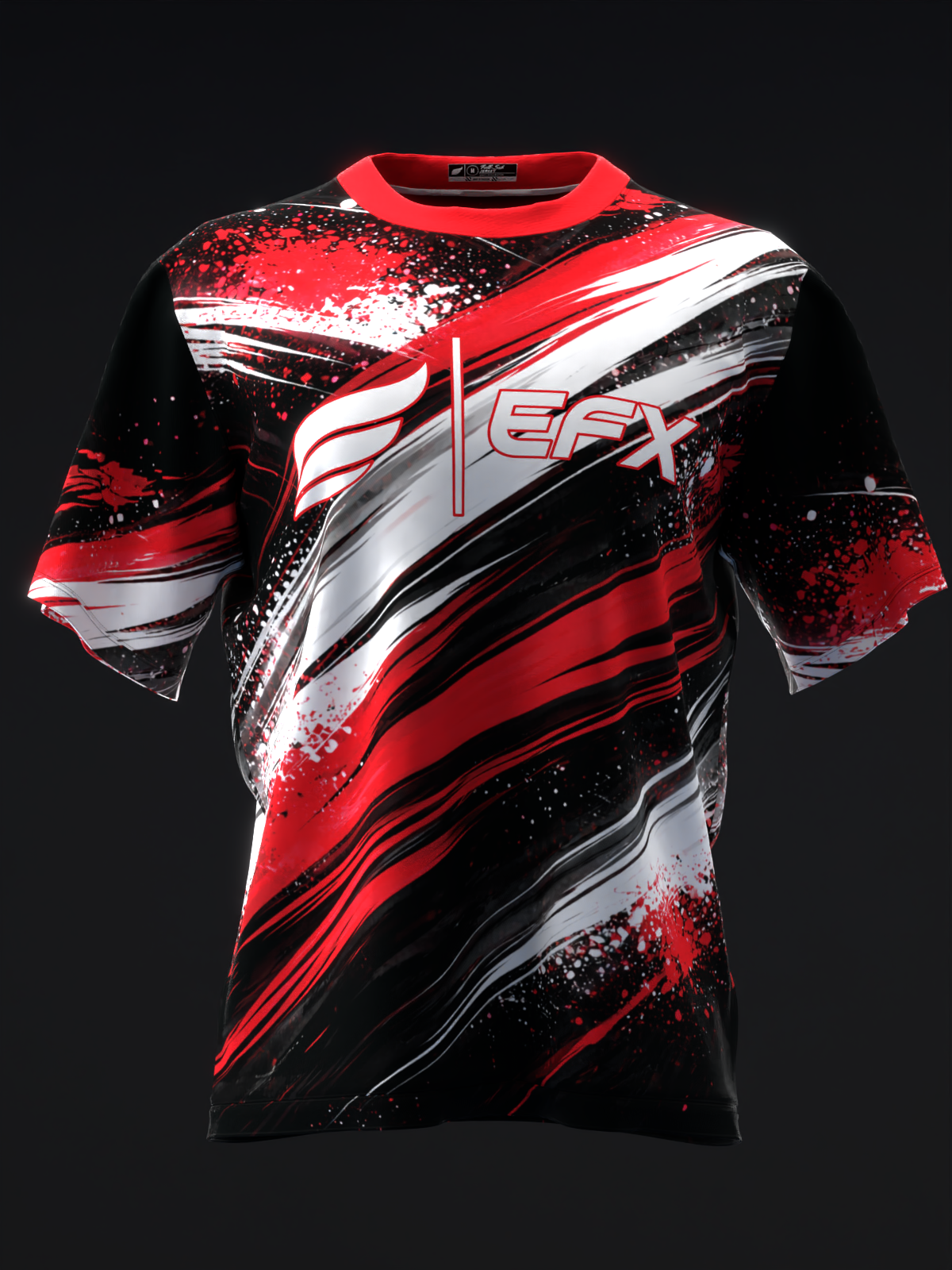 Red and black bowling jersey with white striped graphic and splatter design, front view