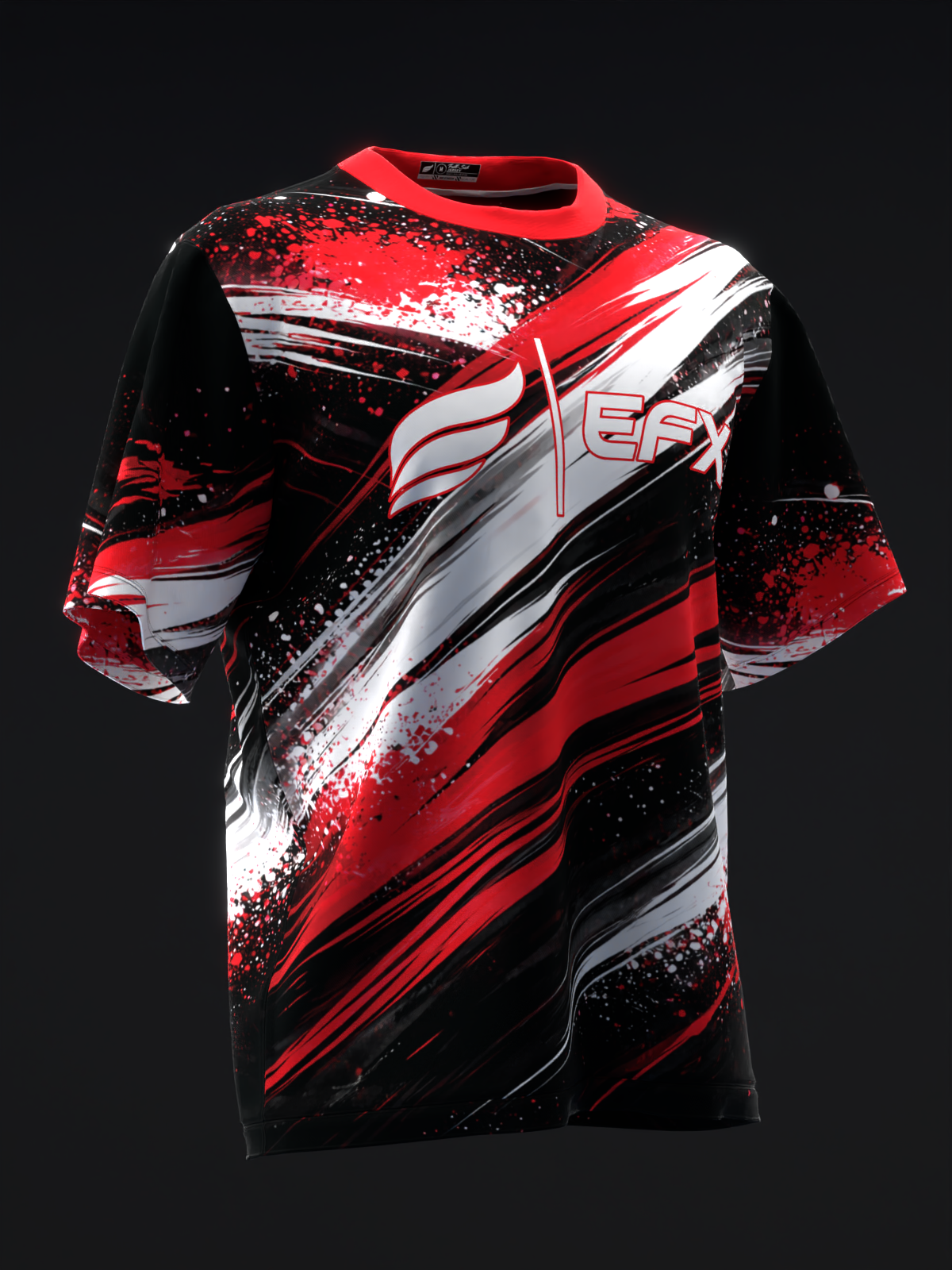 Red, black, and white bowling jersey with diagonal splatter graphic design, front view
