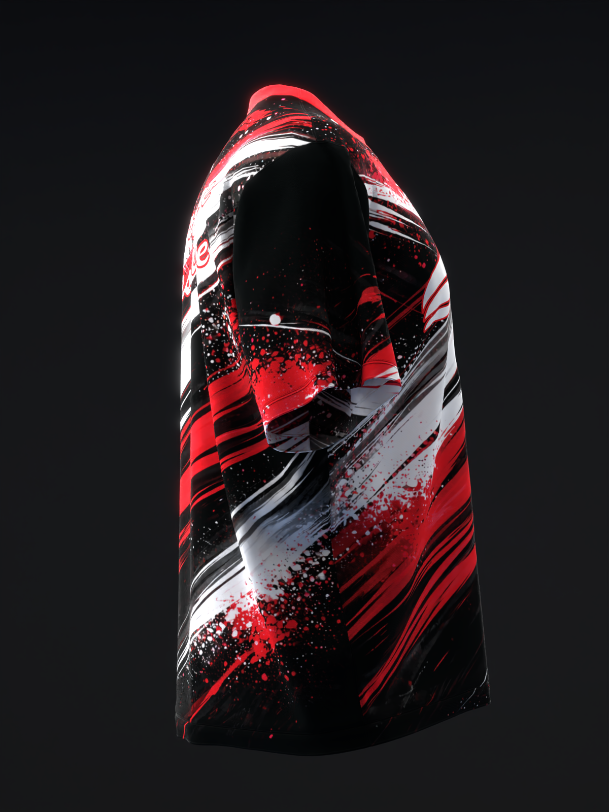 Red, black, and white bowling jersey with abstract spray paint design detail
