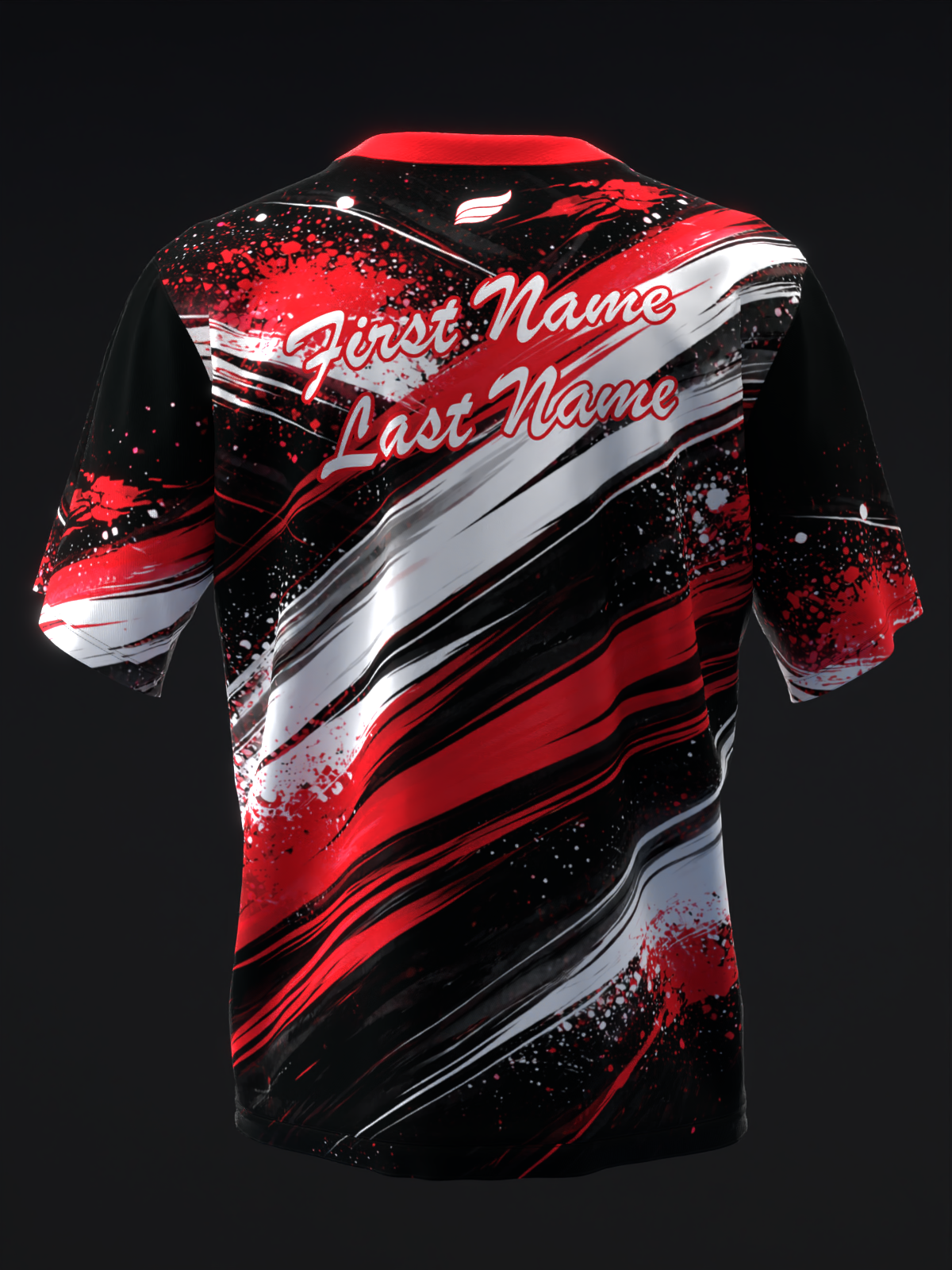 Red, black, and white bowling jersey with diagonal streaks and splatter design, front view