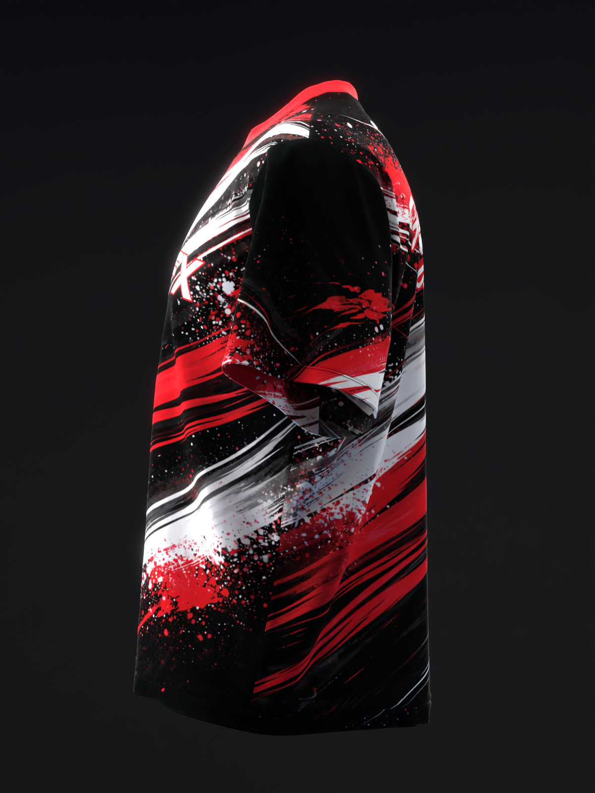 Black bowling jersey with red, white, and splatter graphic design detail