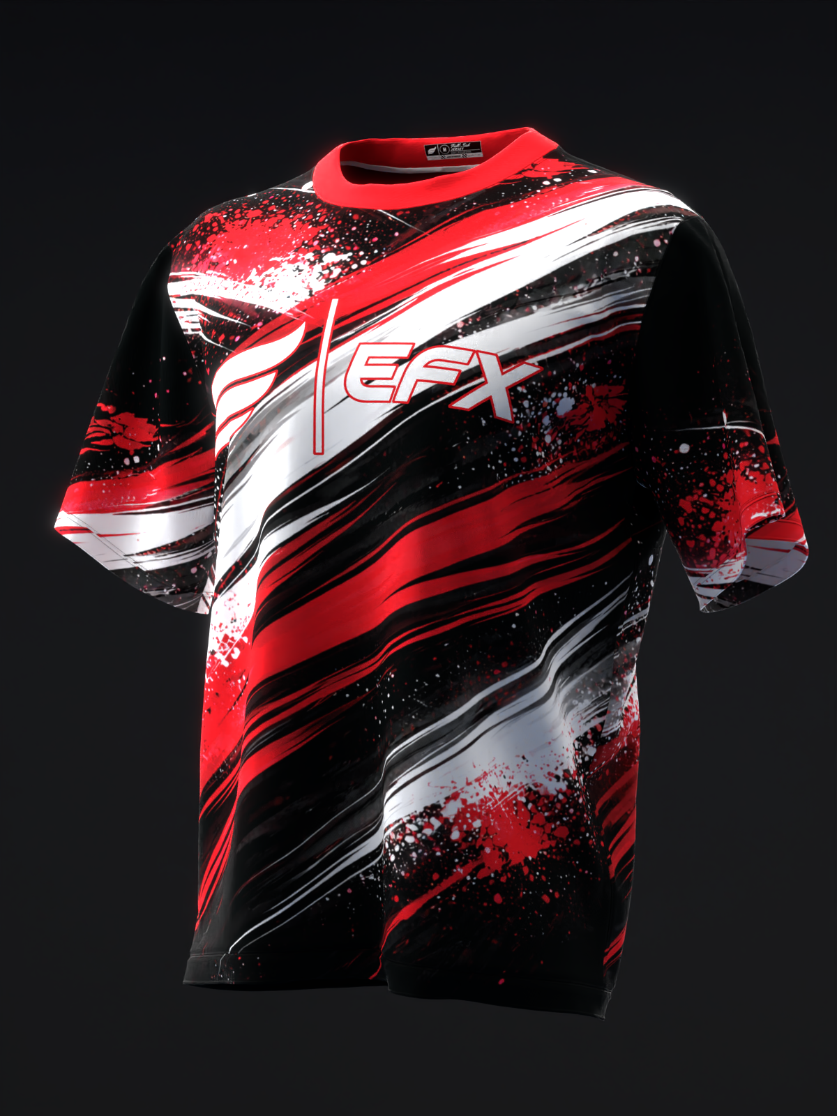 Red bowling jersey with diagonal black, white and red stripes, front view
