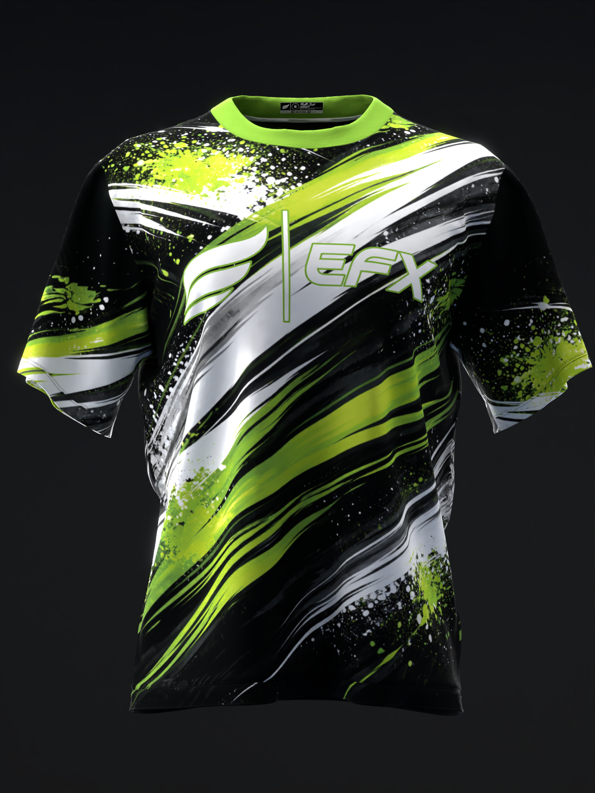 Black bowling jersey with neon yellow and white diagonal stripes and splatter design