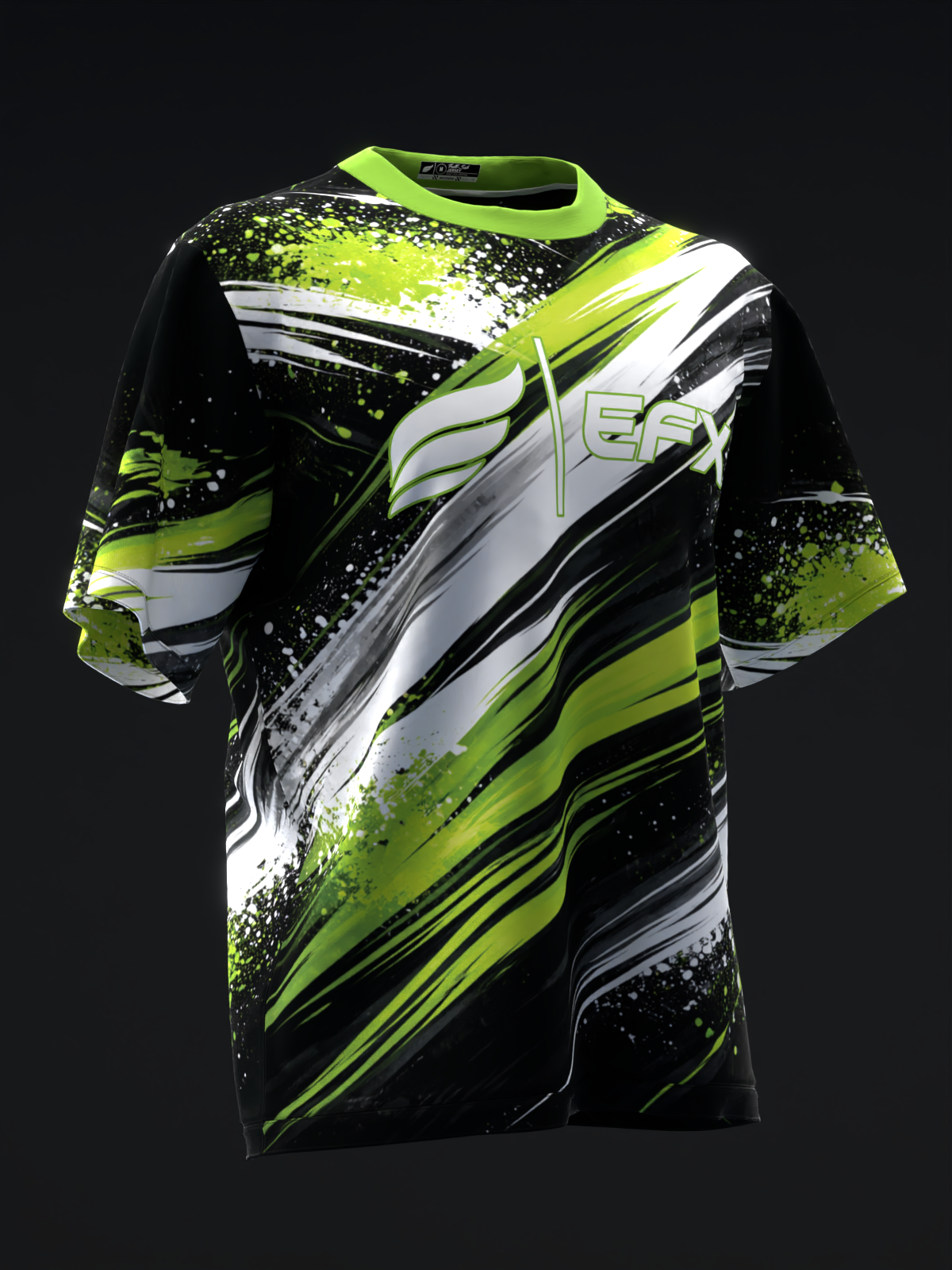 Black bowling jersey with neon yellow and white spray paint graphic design, front view