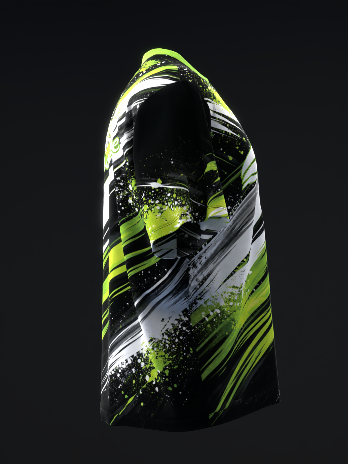 Black bowling jersey with neon yellow and white diagonal striped design and splatter effect