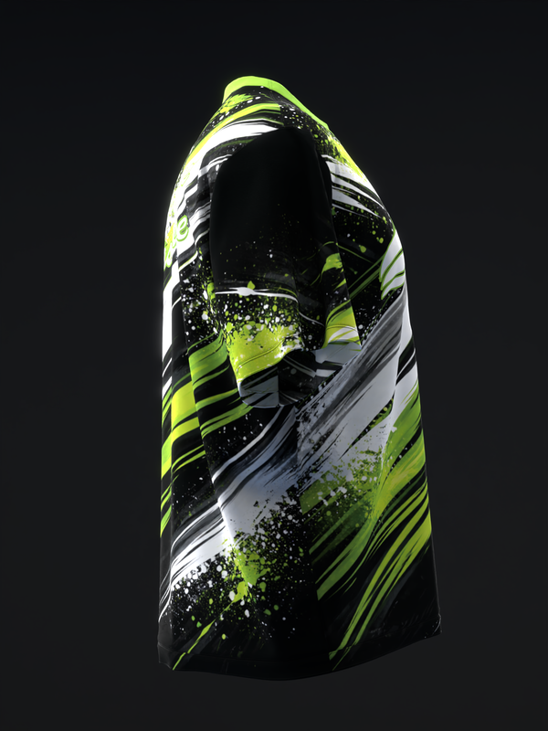 Black bowling jersey with neon yellow and white diagonal striped design and splatter effect