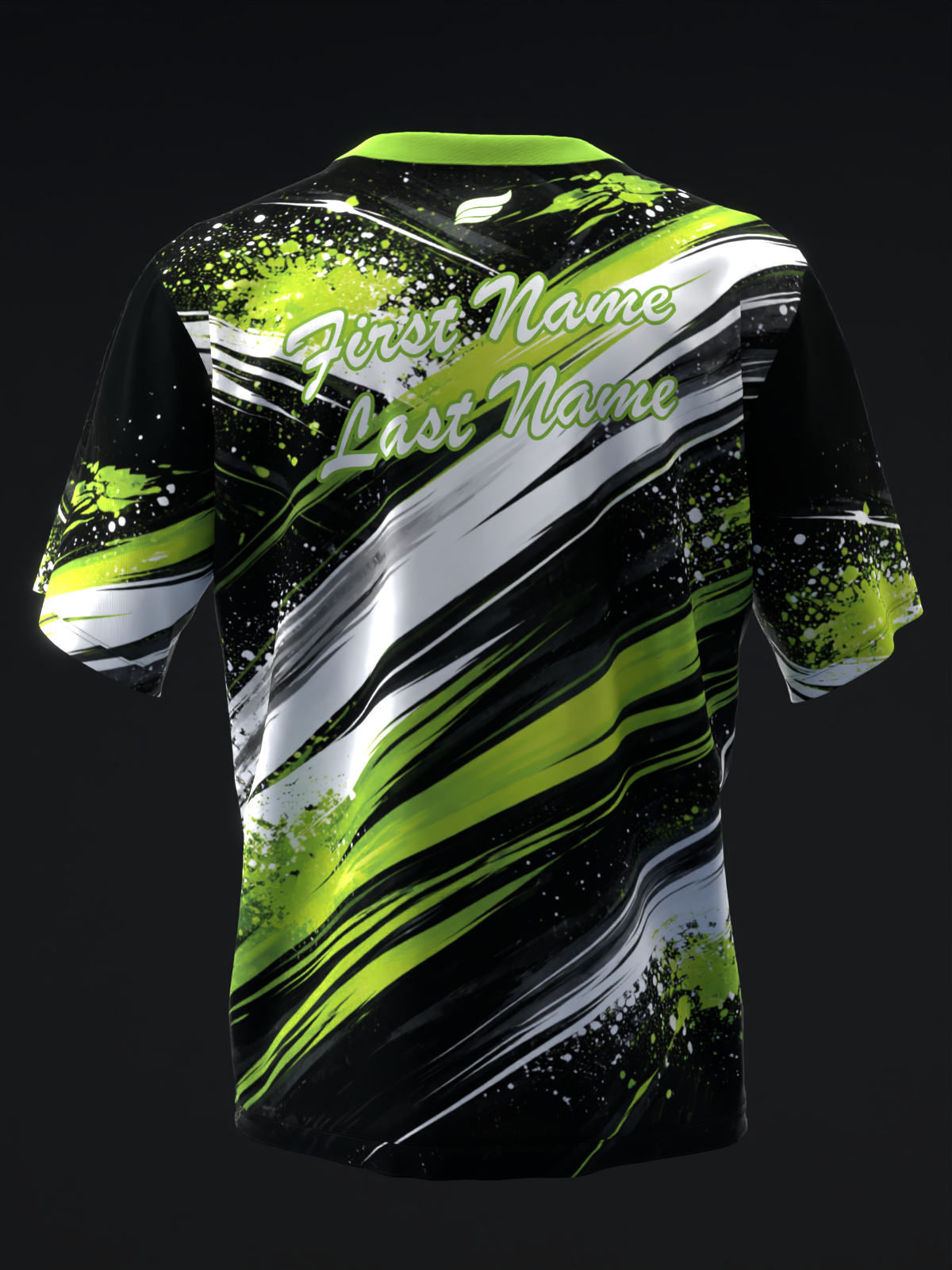 Black bowling jersey with lime green and white diagonal stripes and splatter design