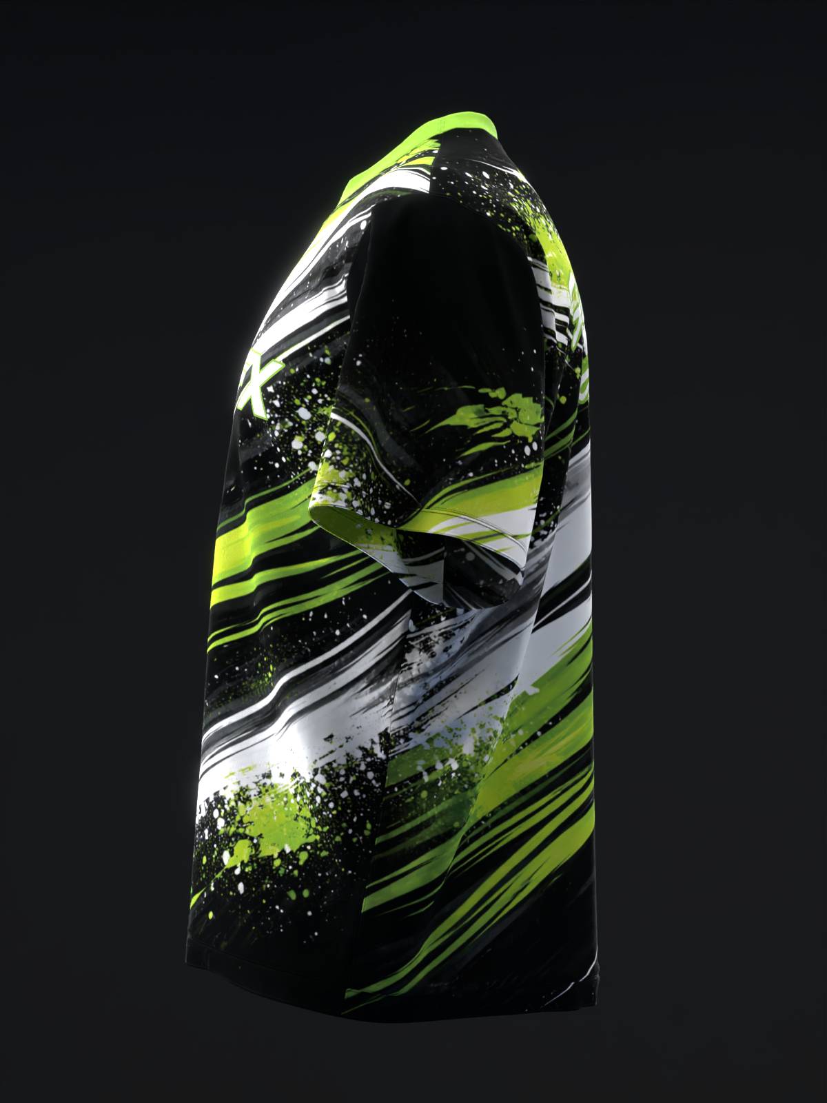 Black bowling jersey with neon yellow and white graphic design and splatter pattern