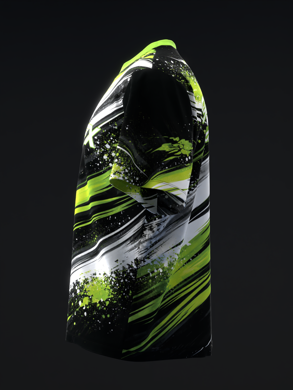 Black bowling jersey with neon yellow and white graphic design and splatter pattern