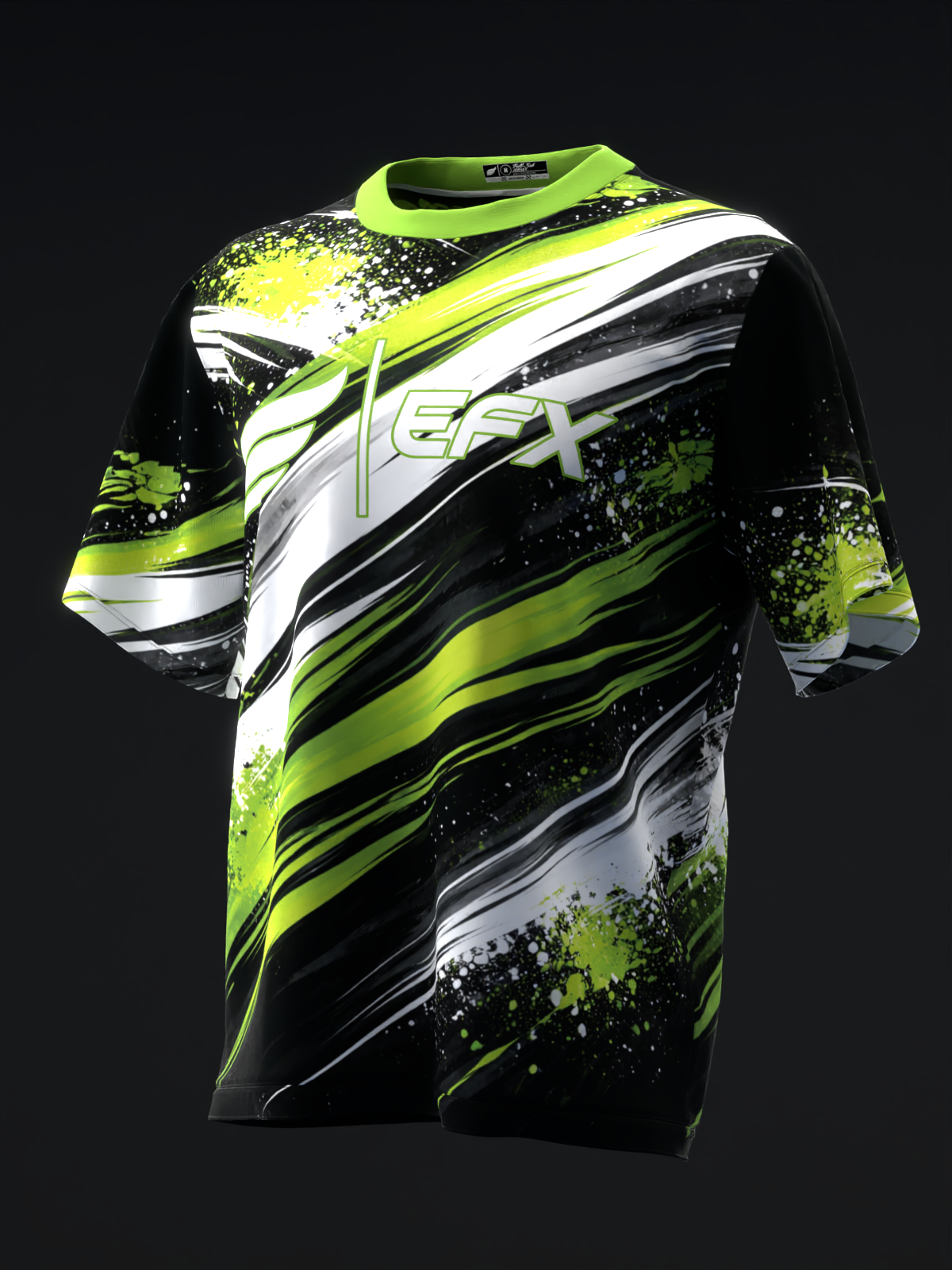 Black bowling jersey with lime green and white diagonal stripes and paint splatter design, front view