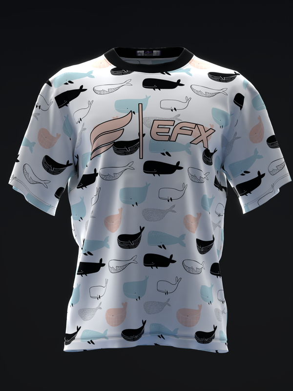 White bowling jersey with whale and fish allover print and EFX logo, front view