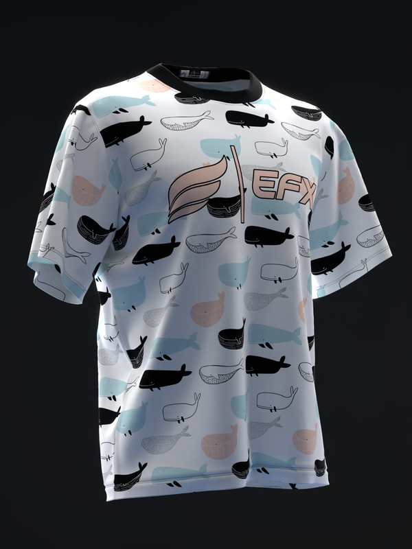 White bowling jersey with all-over whale and ocean-themed print design