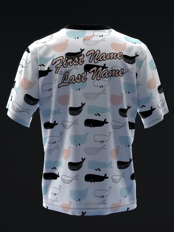 White bowling jersey with whale pattern and custom name text back view