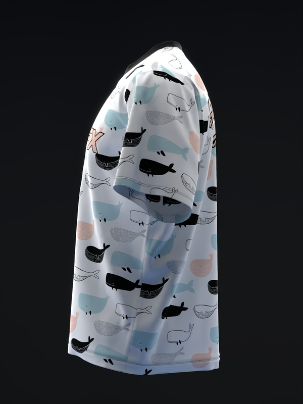 White bowling jersey with black and blue whale pattern, side view