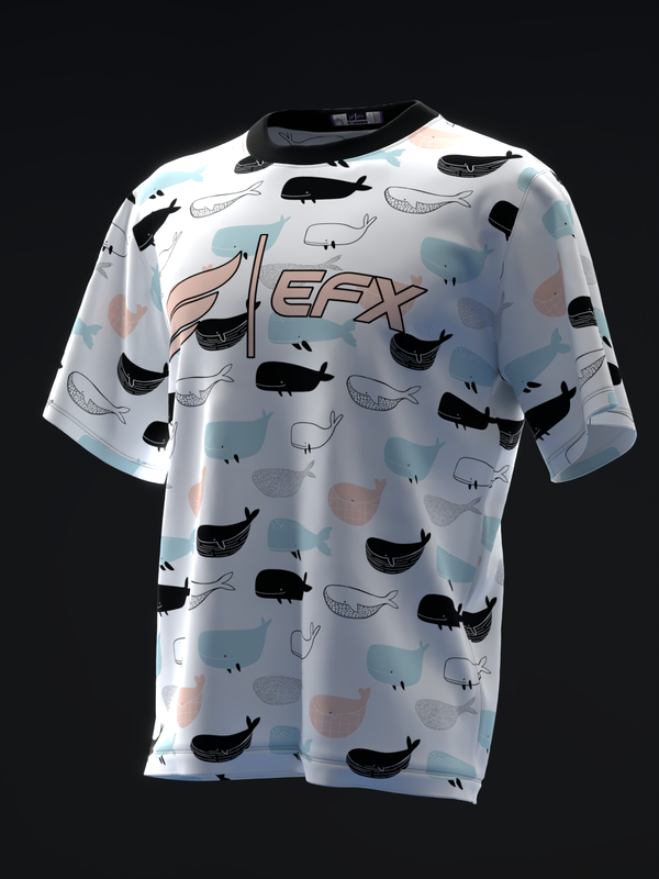 White bowling jersey with whales and fish allover pattern, front view