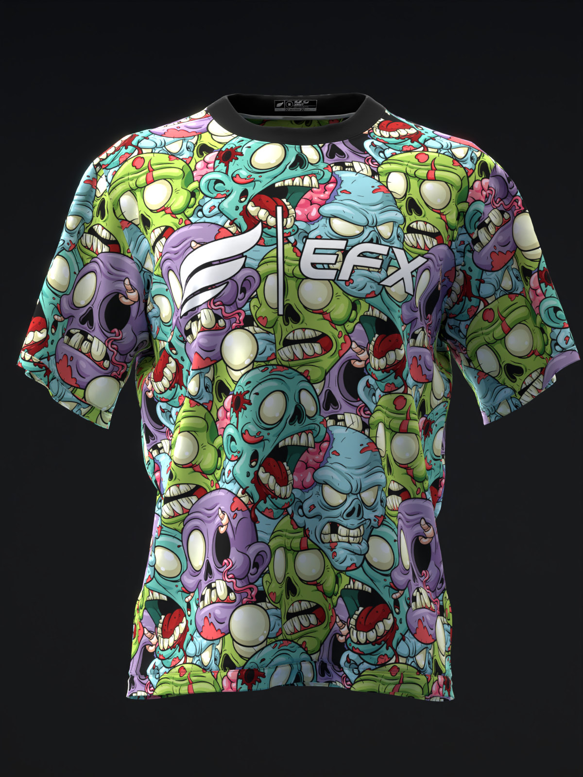 Black bowling jersey with colorful cartoon zombie skull all-over print front view