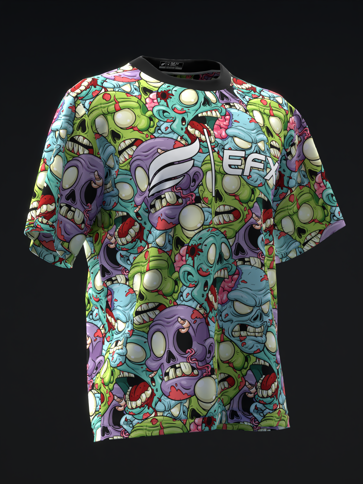 Front view of bowling jersey with colorful zombie and monster graphic print throughout