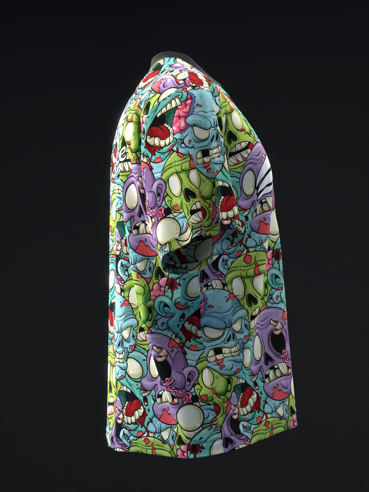 Colorful bowling jersey with vibrant zombie and skull graphic print, side view