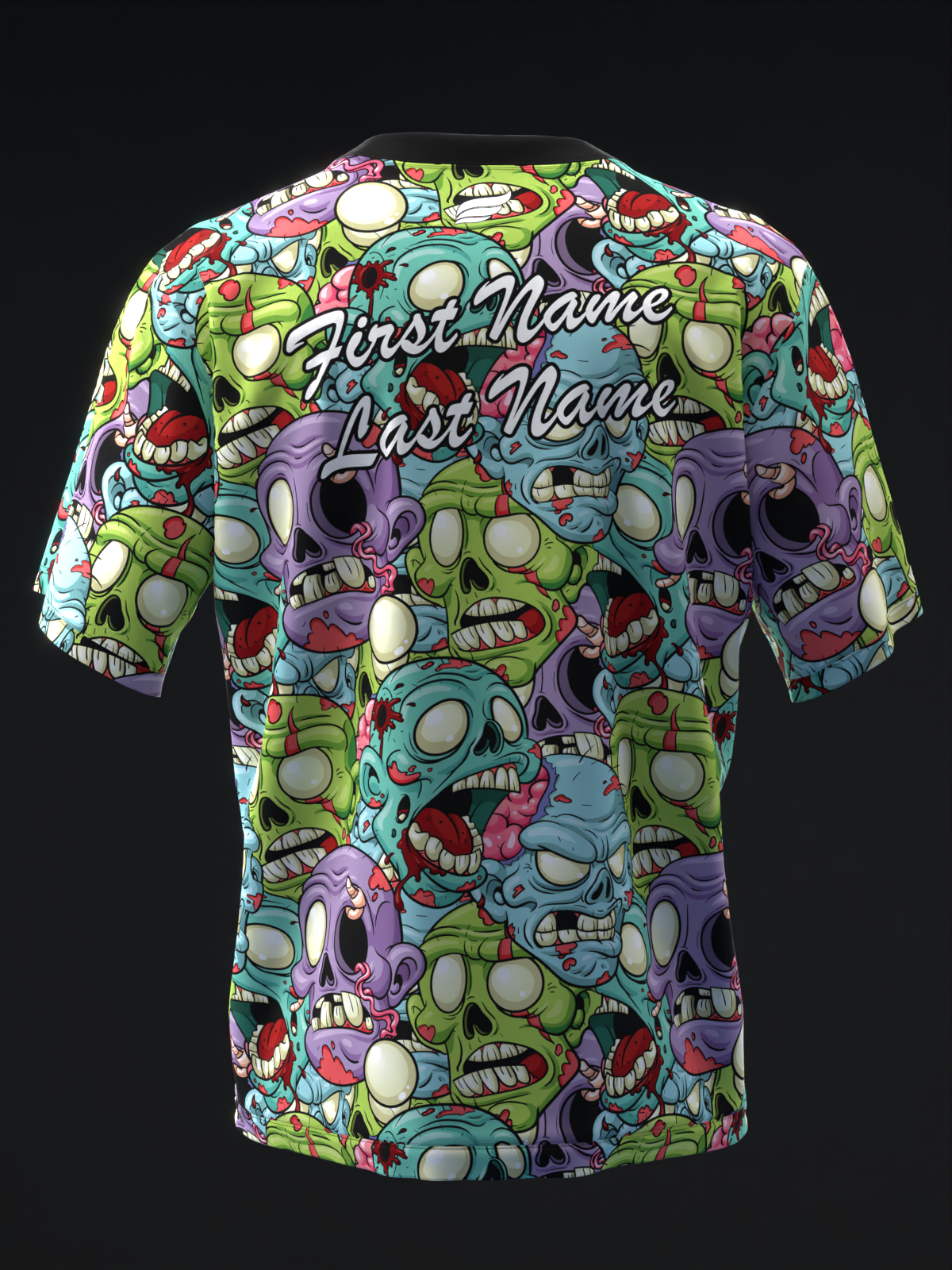 Bowling jersey back with colorful zombie and skull heads pattern and personalization text