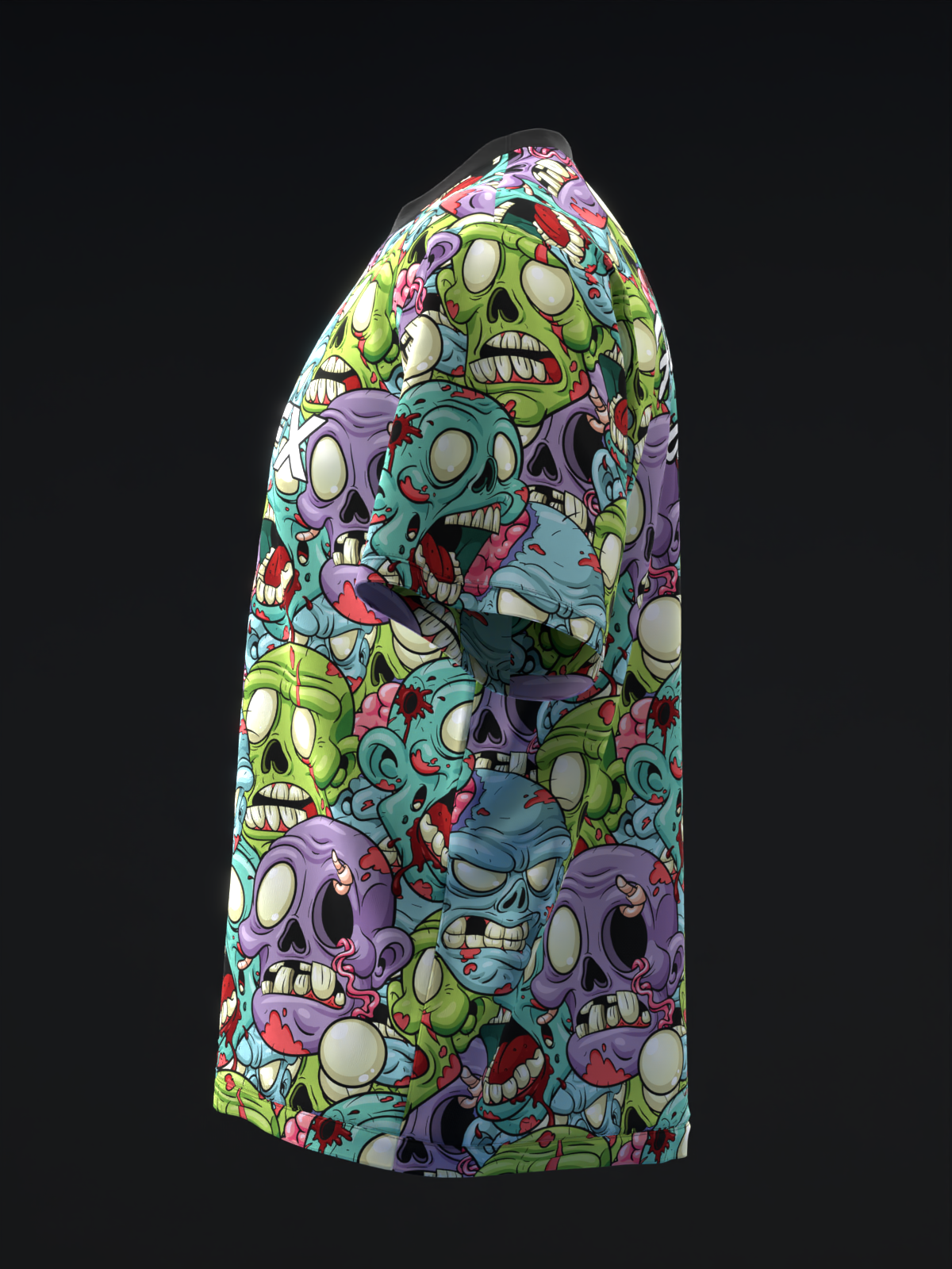 Bowling jersey with colorful all-over zombie skull print on black background, side view