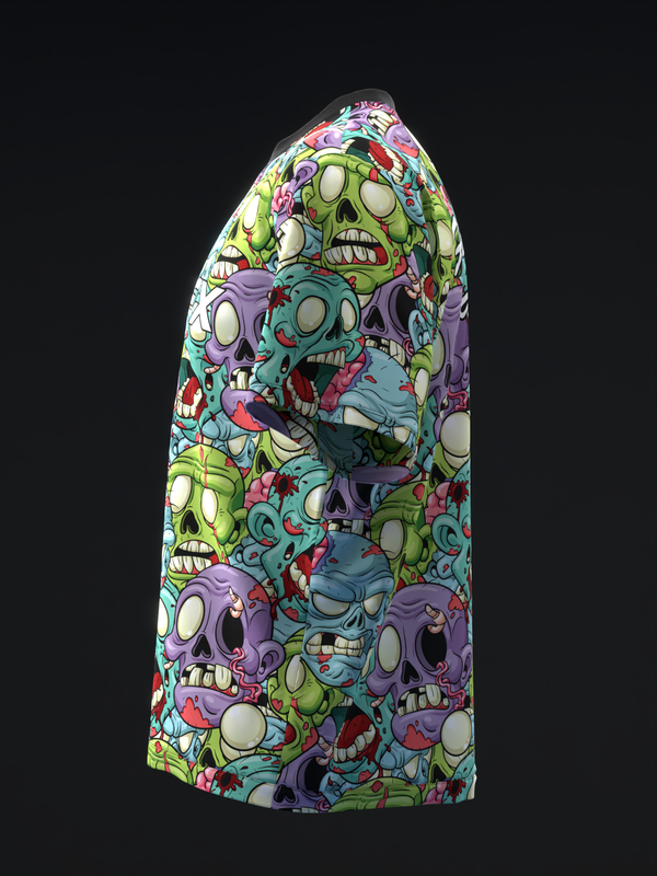 Bowling jersey with colorful all-over zombie skull print on black background, side view