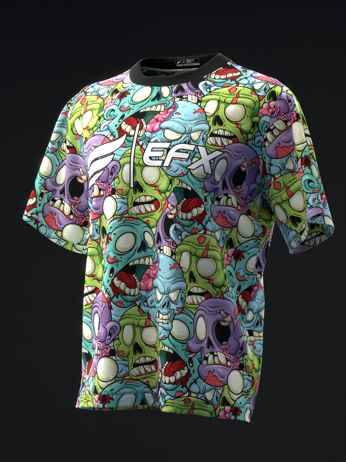 Colorful bowling jersey with repeating zombie skull and brain graphic print
