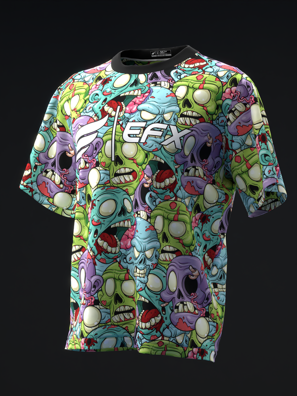 Colorful bowling jersey with repeating zombie skull and brain graphic print