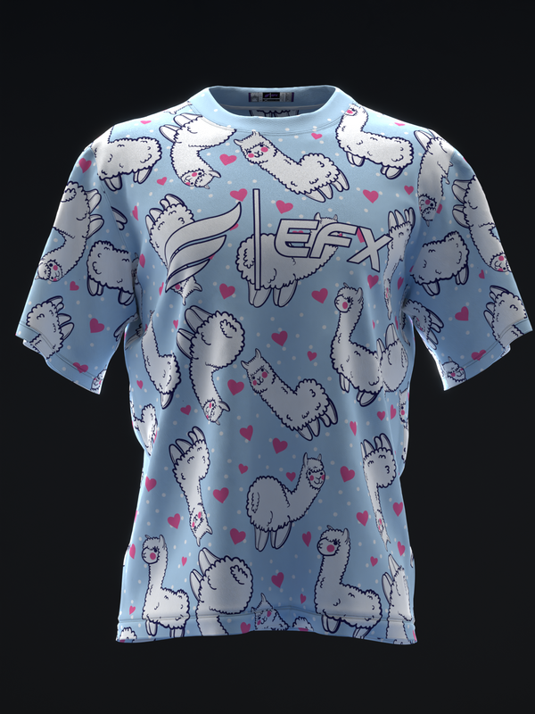 Light blue bowling jersey with alpaca pattern and pink hearts throughout