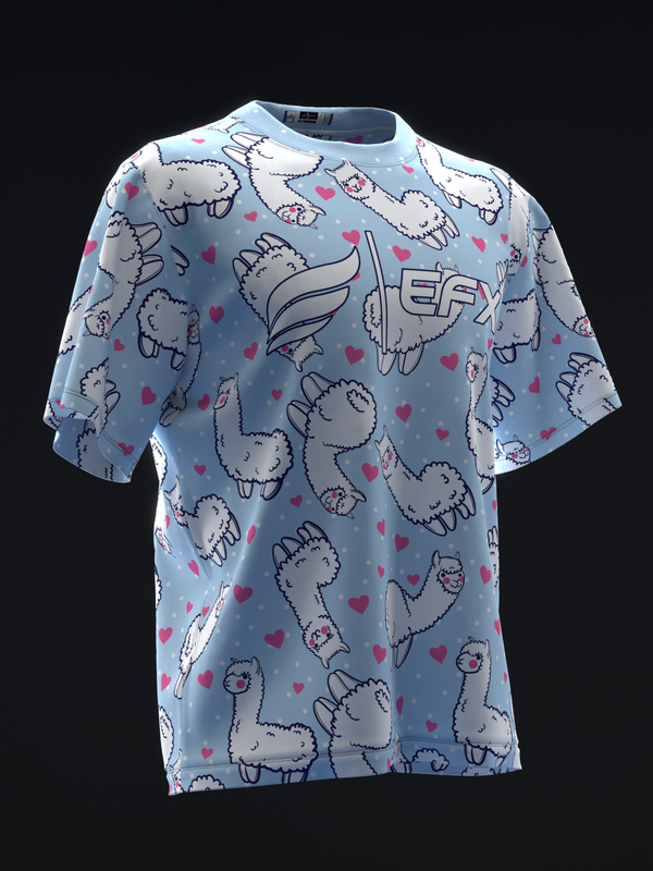 Light blue bowling jersey with cute alpaca and heart pattern throughout