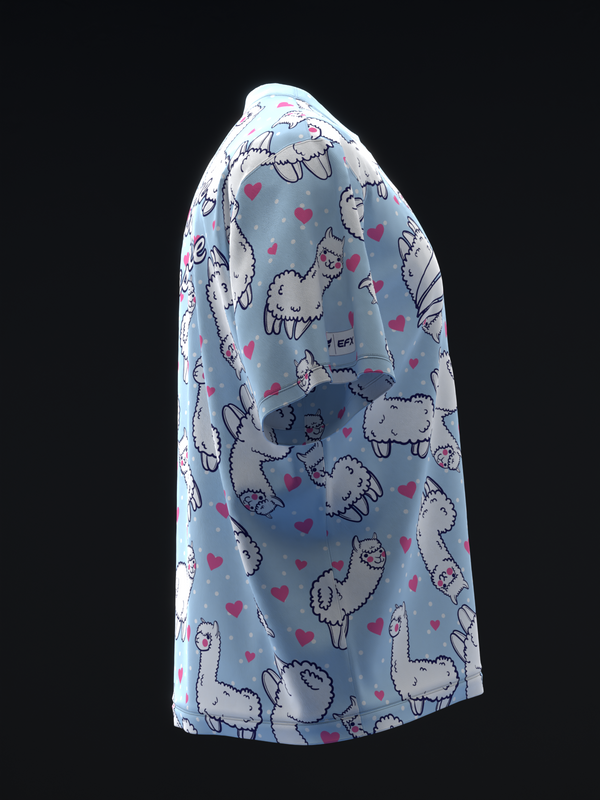 Light blue bowling jersey with alpaca and heart pattern, side view
