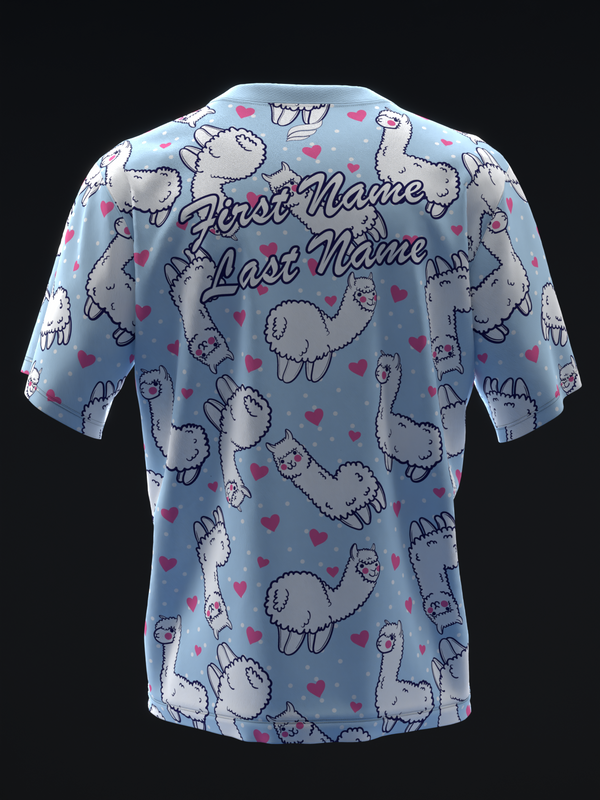 Light blue bowling jersey with alpaca pattern, hearts, and personalized name text, back view