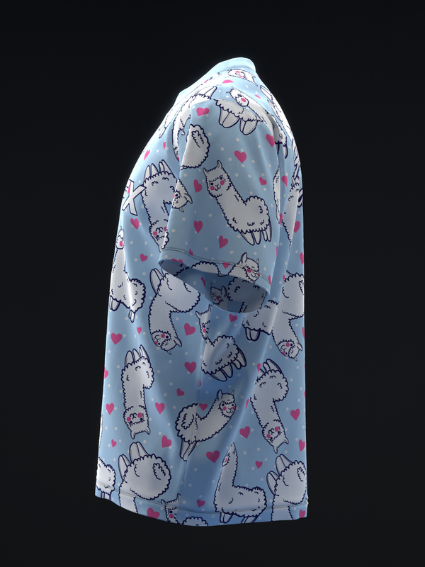 Blue bowling jersey with alpaca and heart pattern, side view