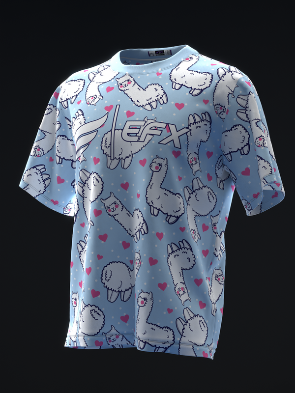 Light blue bowling jersey with alpaca and heart print pattern throughout