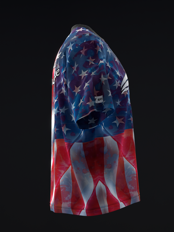 Blue bowling jersey with stars and red and white striped lower half