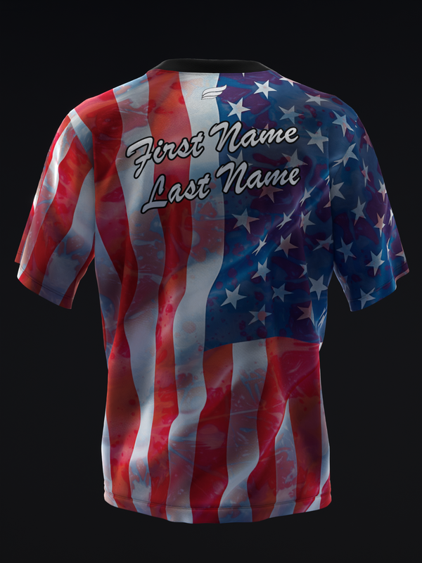 Bowling jersey with American flag pattern and personalized name placement on back