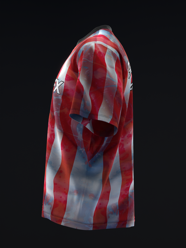 Red, white, and blue striped bowling jersey displayed on dress form, side view