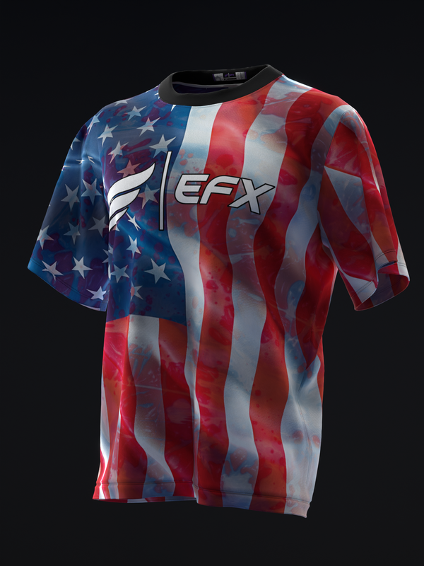 Front view of red, white, and blue American flag bowling jersey with EFX logo