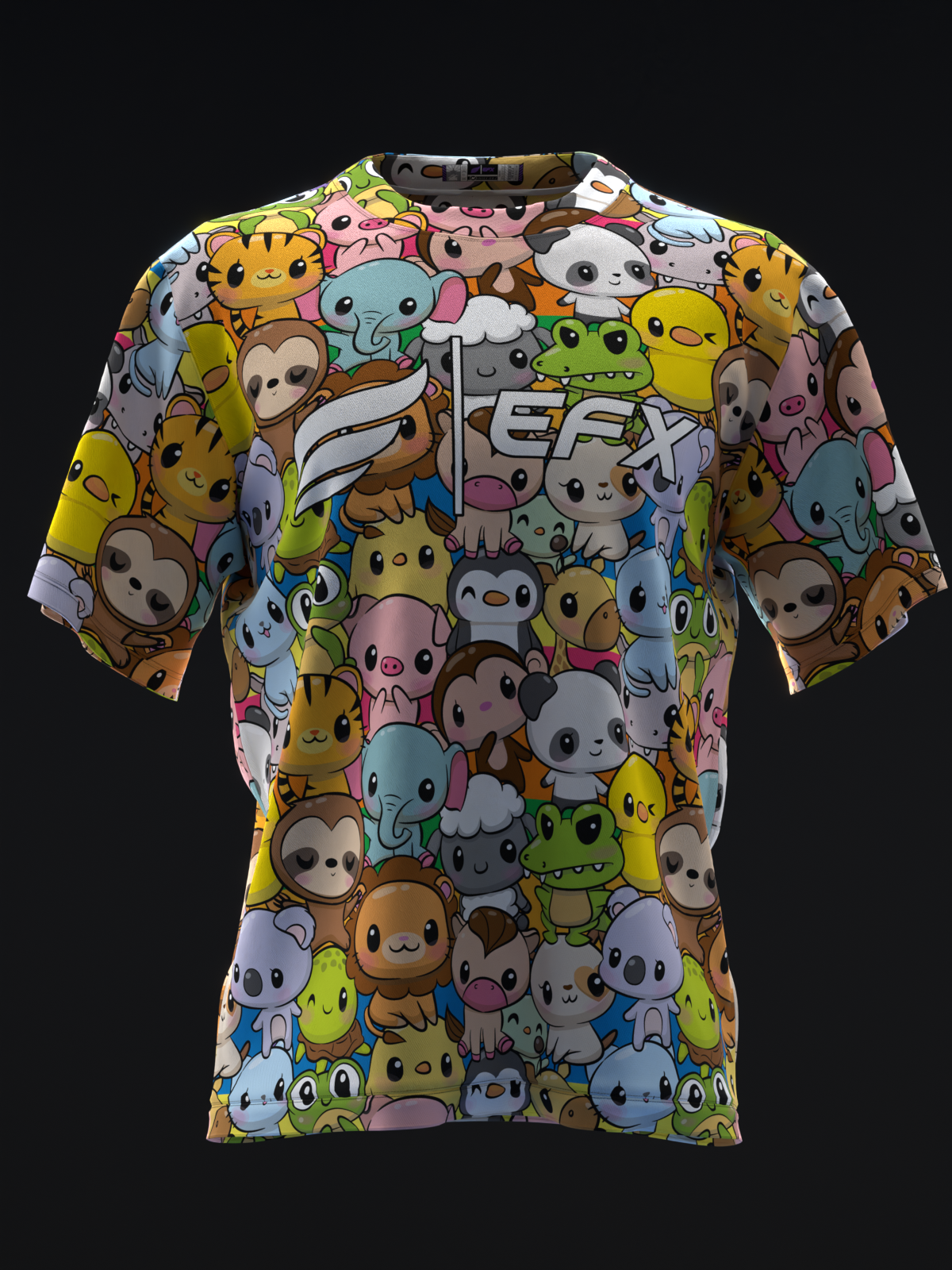 Short-sleeved bowling jersey with colorful cartoon animal character allover print, front view
