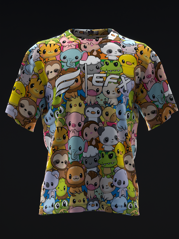 Short-sleeved bowling jersey with colorful cartoon animal character allover print, front view