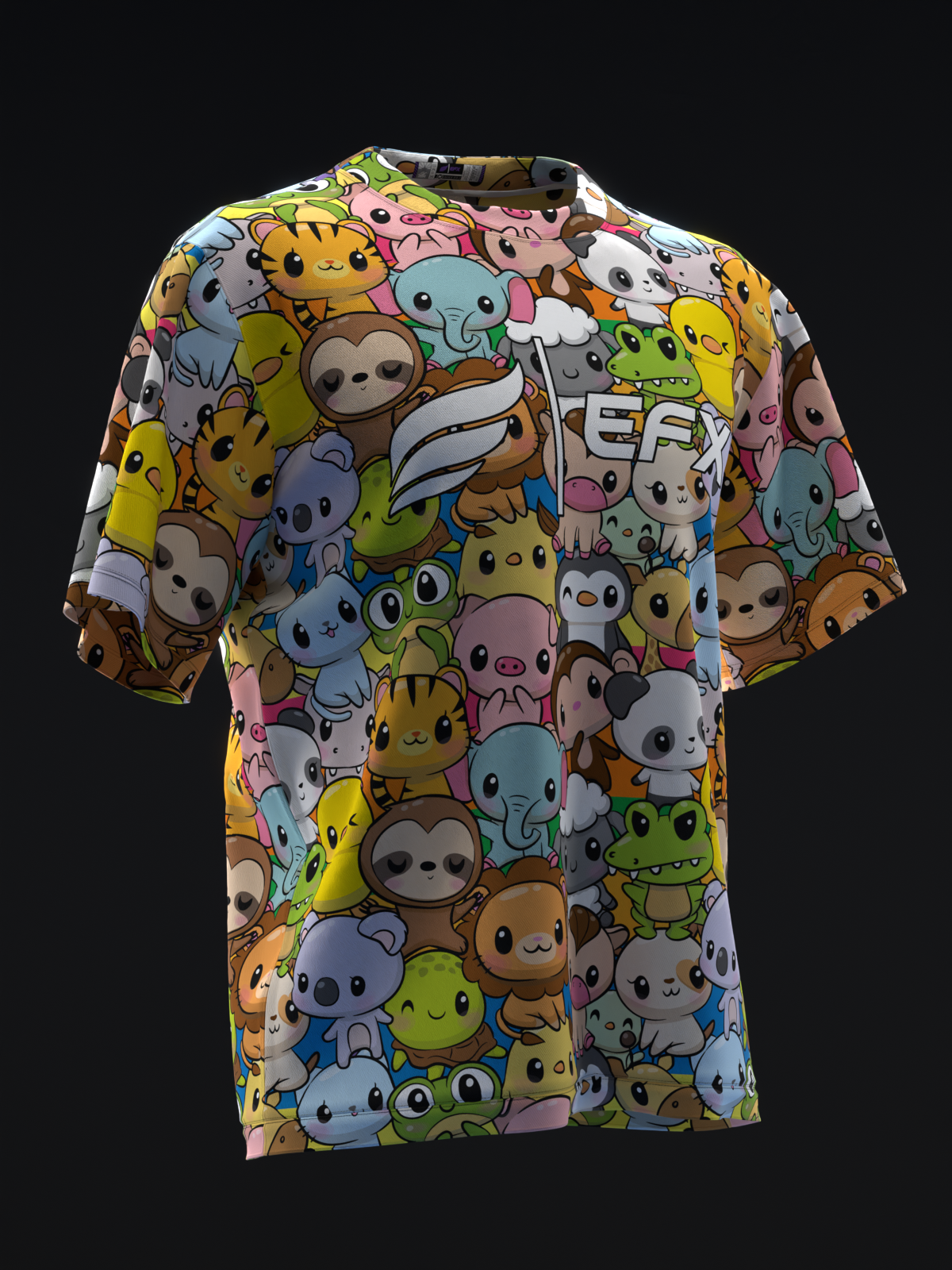 Bowling jersey front view with colorful cartoon animal allover print pattern