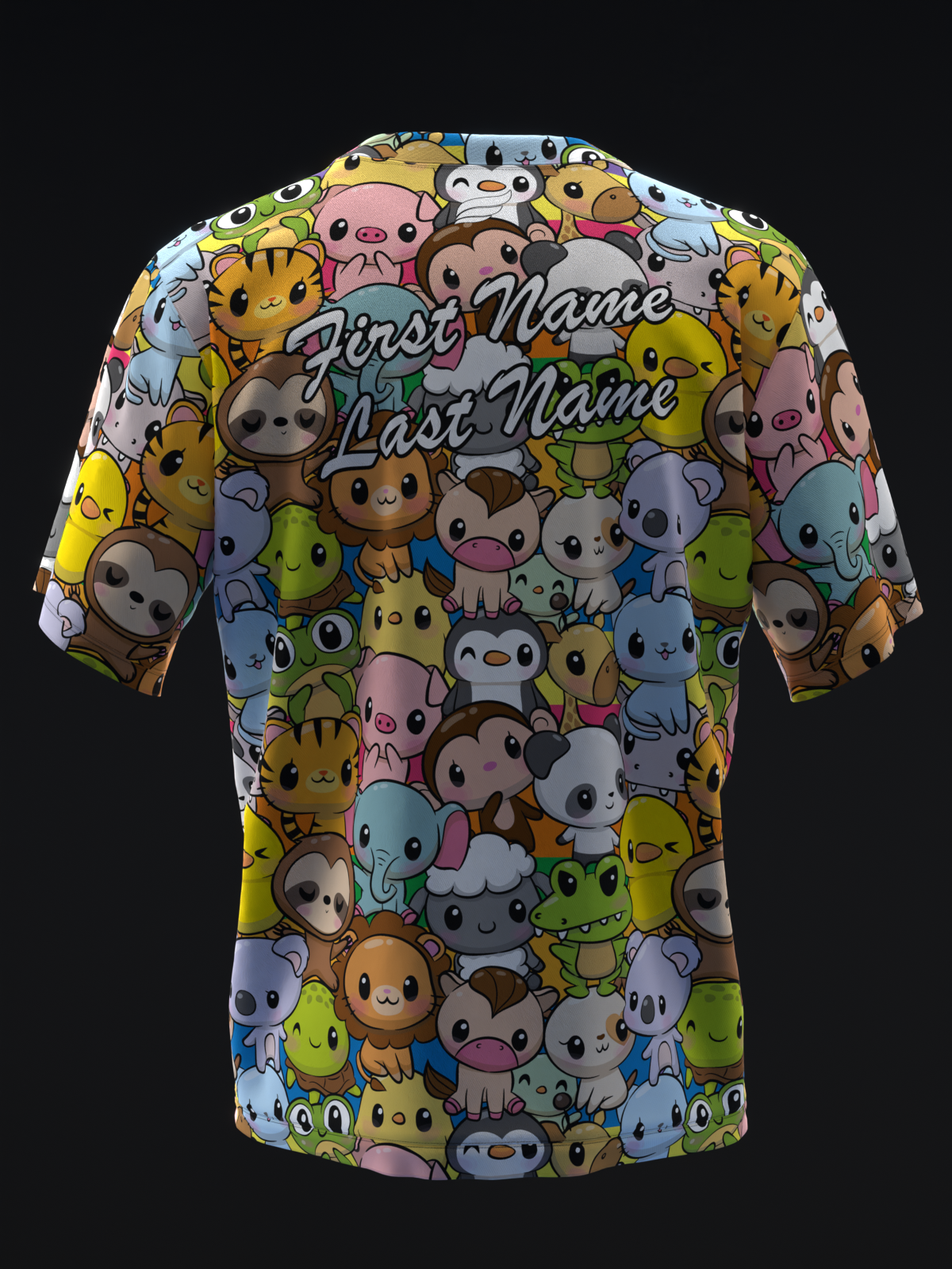 Colorful bowling jersey with cute animal character allover print and personalization text