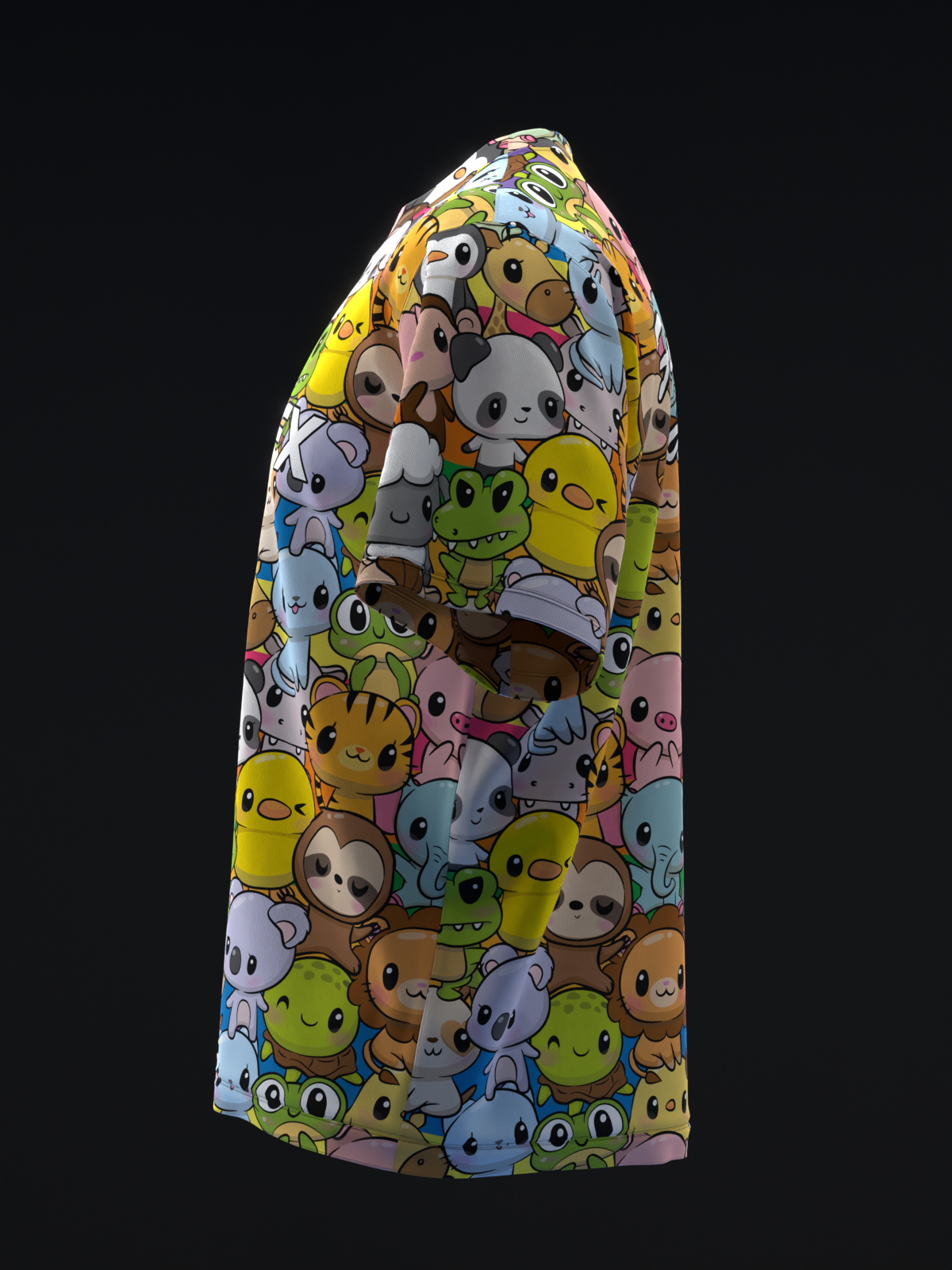 Bowling jersey with colorful animal character collage pattern, front view