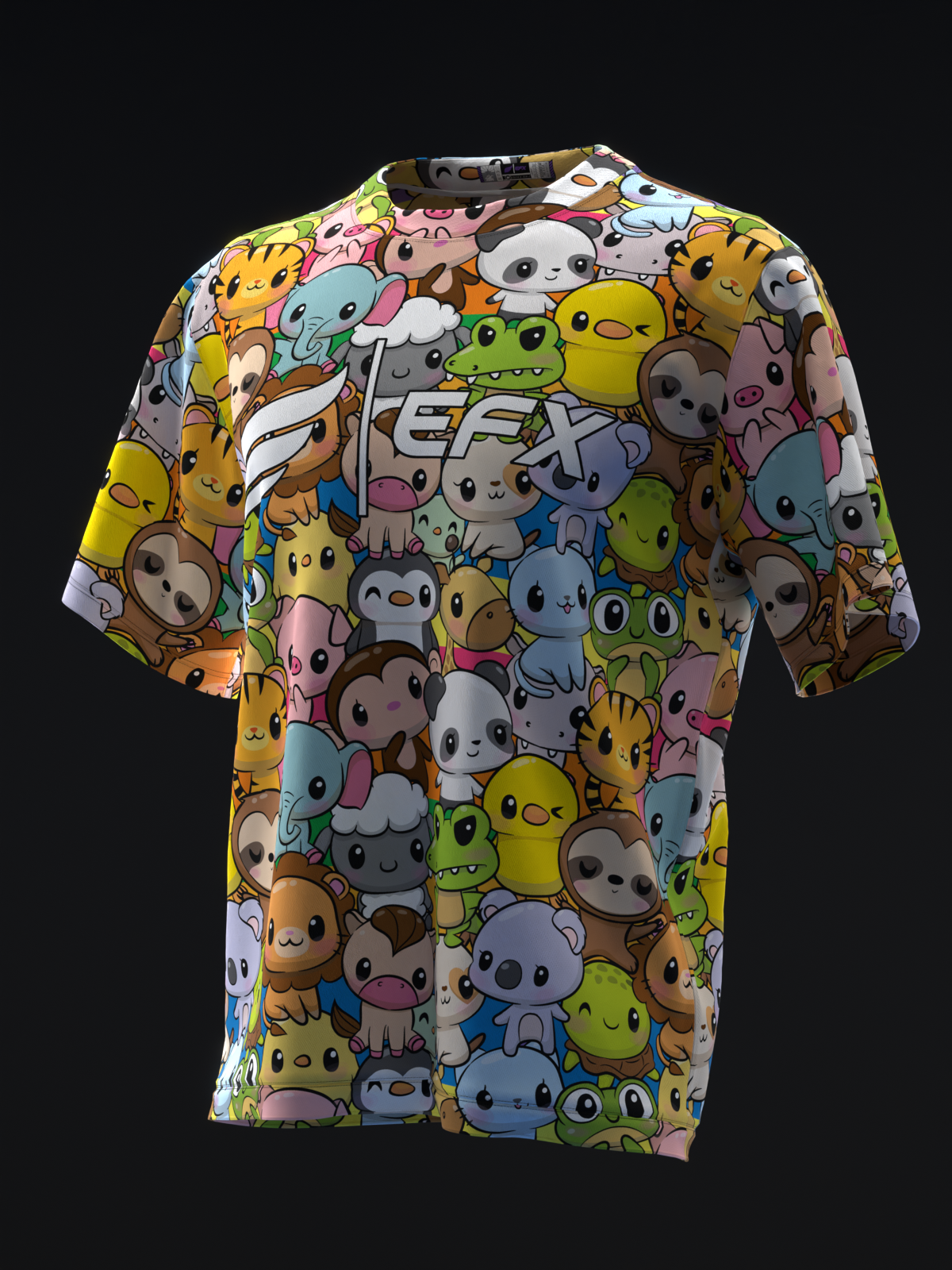 Bowling jersey front view with colorful cartoon animal character all-over print design