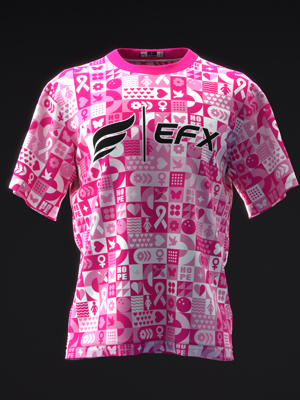 Pink bowling jersey with EFX logo and geometric breast cancer awareness collage pattern