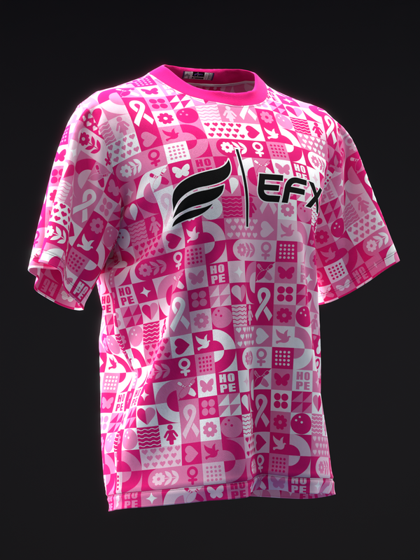 Hot pink bowling jersey with geometric collage pattern and EFX logo, front view